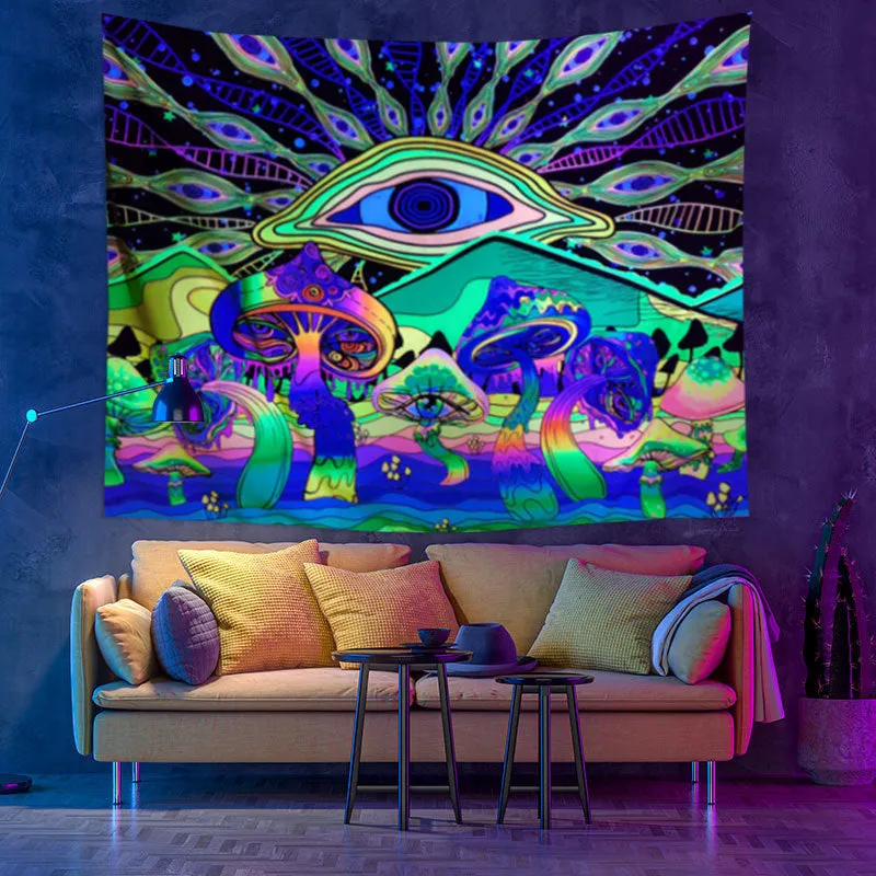 Fluorescent UV light psychedelic mandala ornament tapestry in sanded cloth polyester fibre with machine-woven details