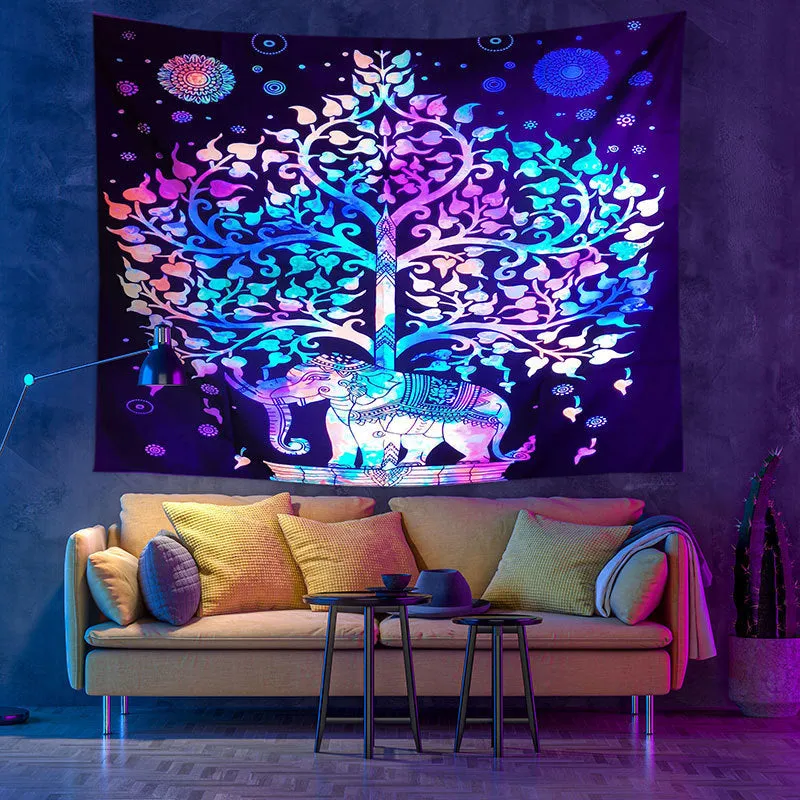Fluorescent UV light psychedelic mandala ornament tapestry in sanded cloth polyester fibre with machine-woven details