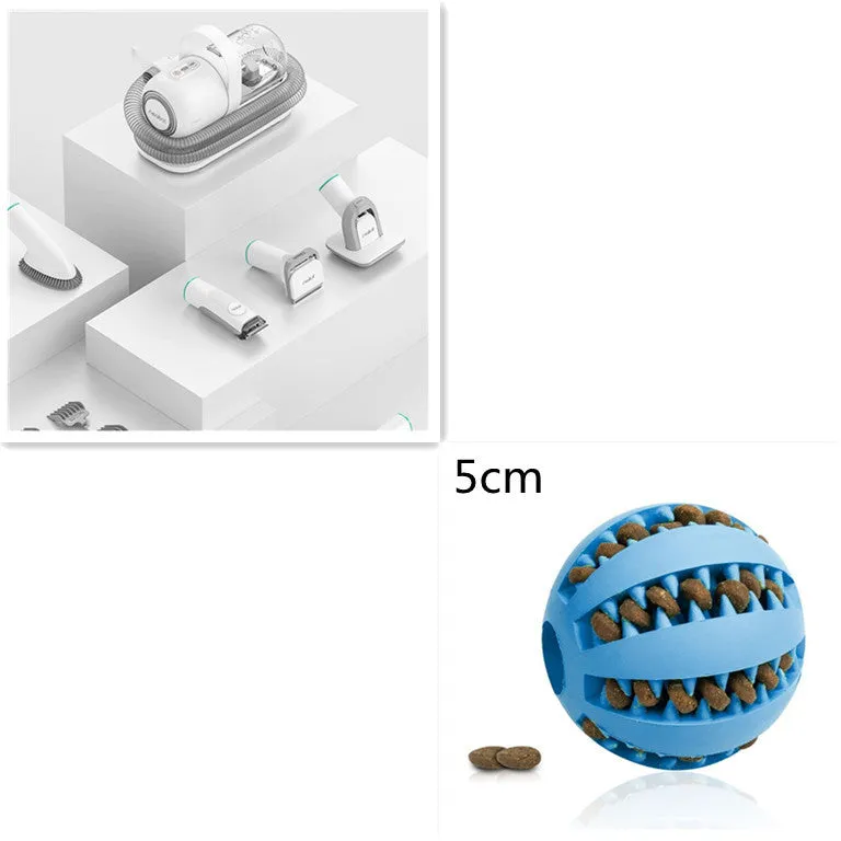 Pet grooming device on white background, ABS body, 290mm length, with trimming shears and massage comb accessories