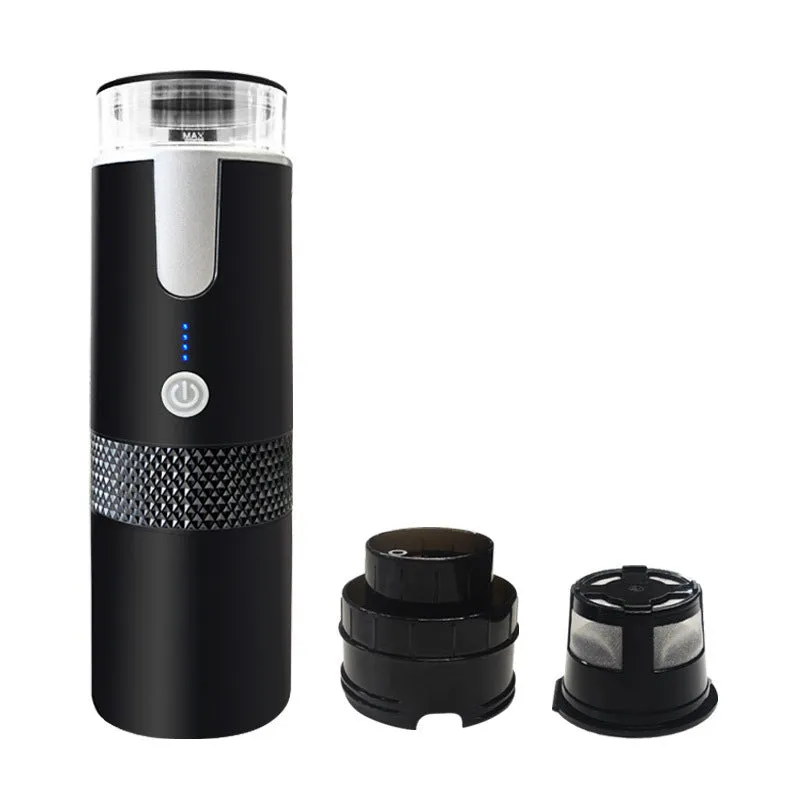 Black portable wireless electric coffee maker with 170ml water tank and USB charging cable