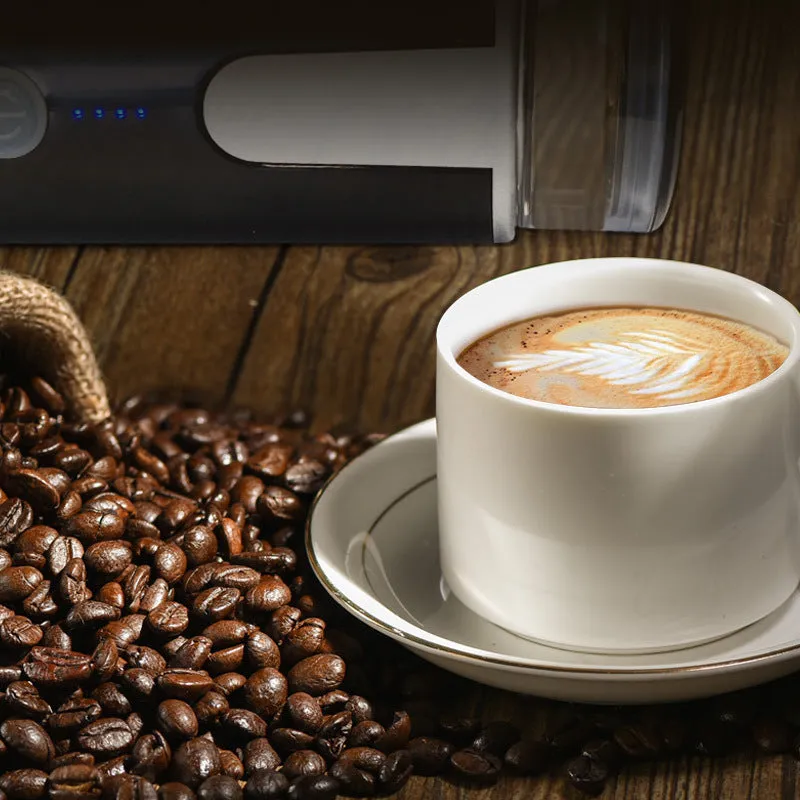 Black portable wireless electric coffee maker with 170ml water tank and USB charging cable