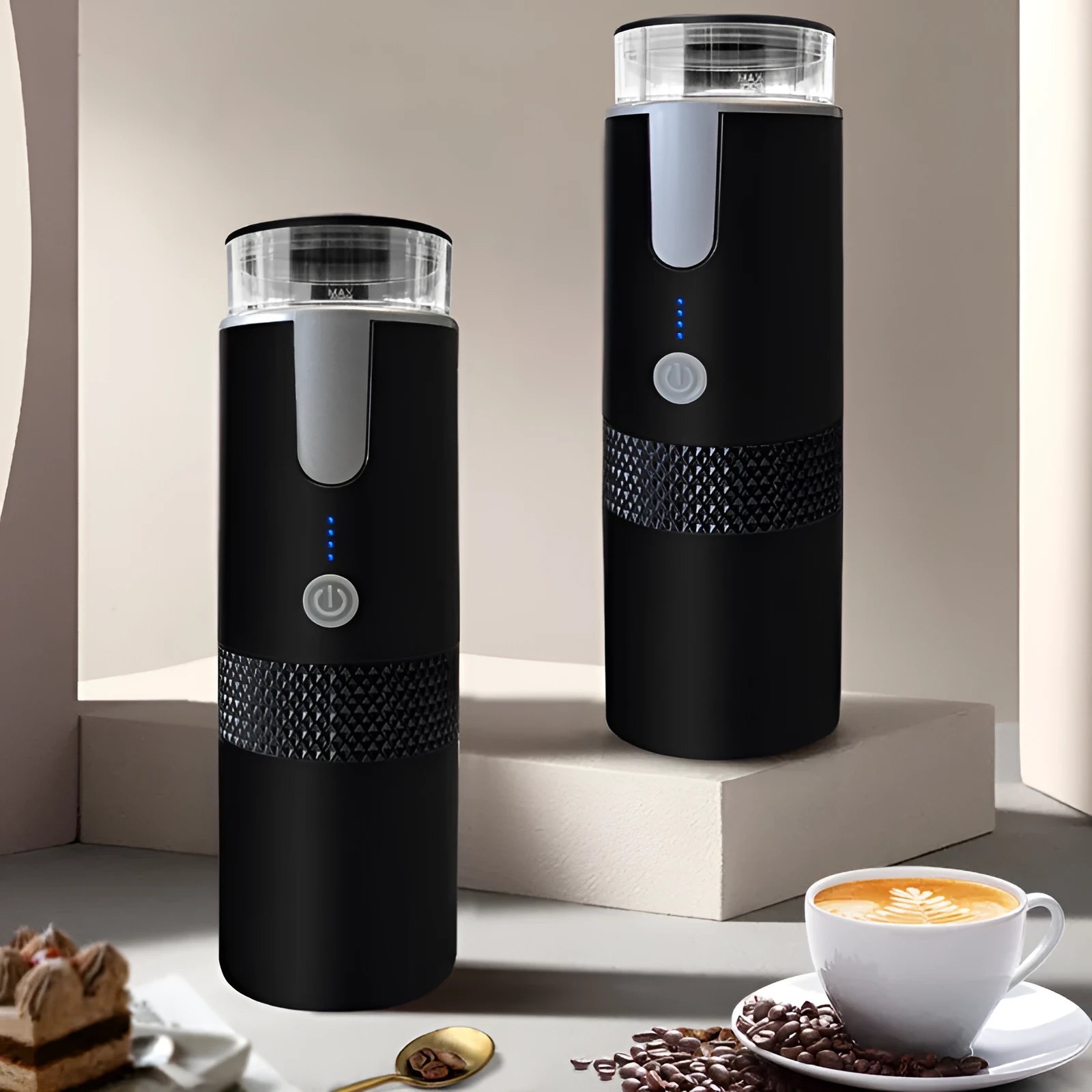 Black portable wireless electric coffee maker with 170ml water tank and USB charging cable
