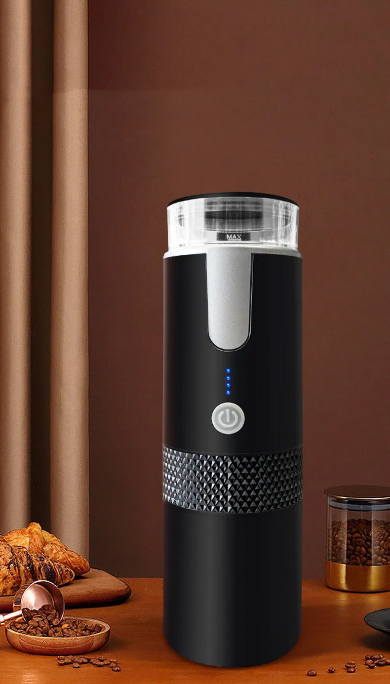 Black portable wireless electric coffee maker with 170ml water tank and USB charging cable