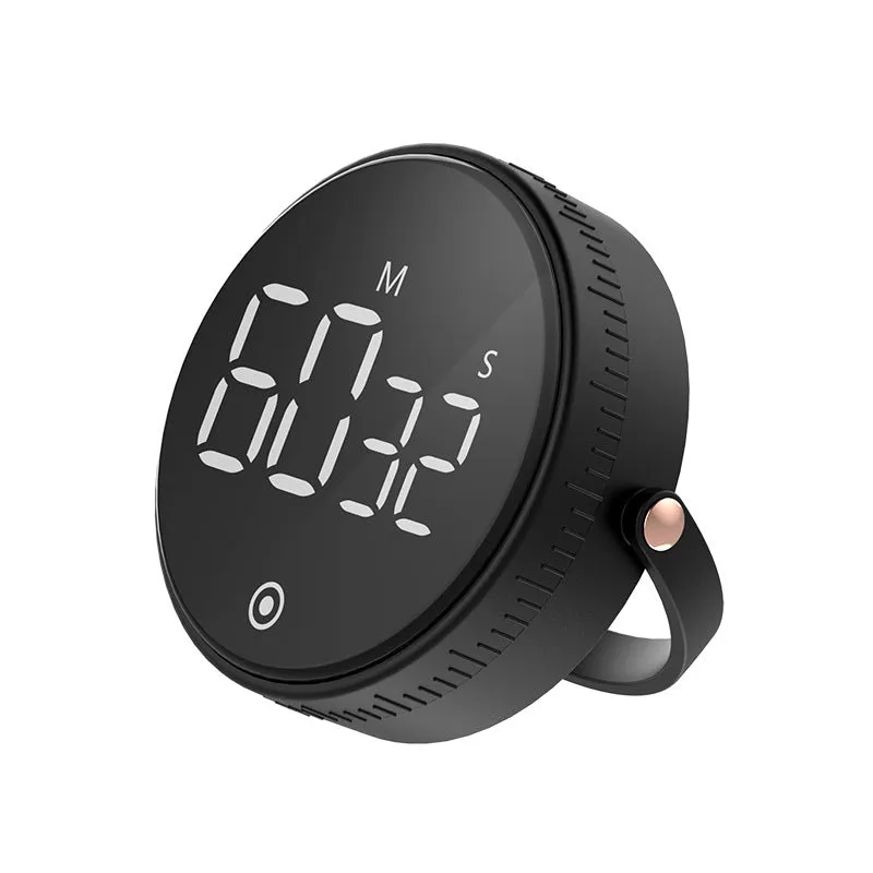 Black rotary digital timer with LED display showing 00:00, compact size