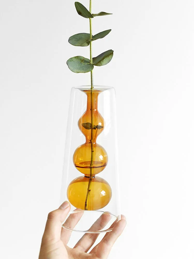 Retro stained glass gourd vase in green with artificial flower, Nordic style