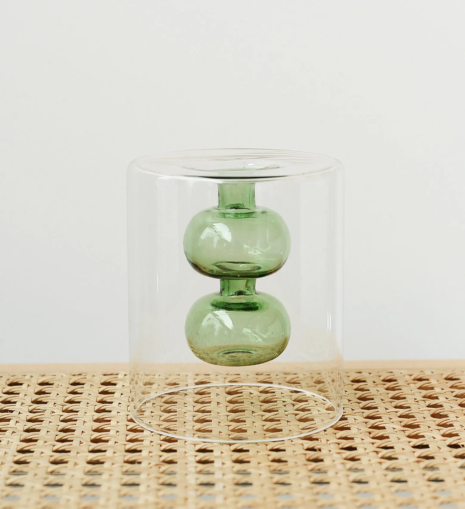 Retro stained glass gourd vase in green with artificial flower, Nordic style