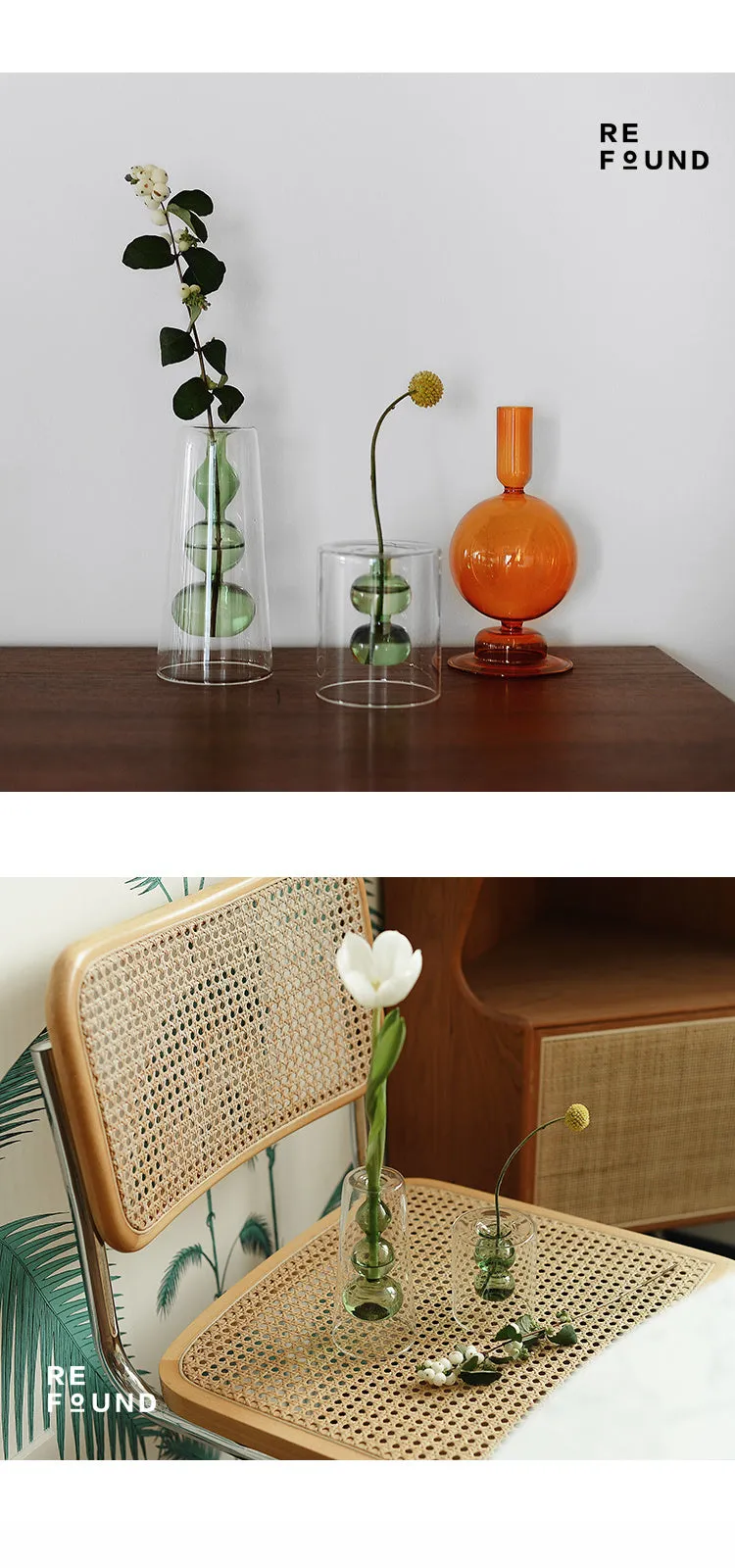 Retro stained glass gourd vase in green with artificial flower, Nordic style