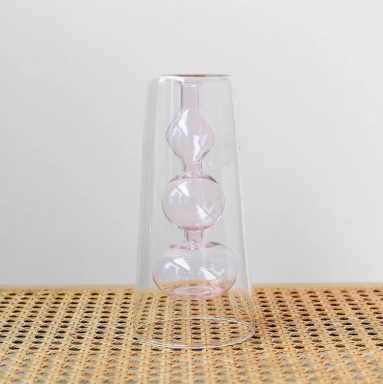Retro stained glass gourd vase in green with artificial flower, Nordic style