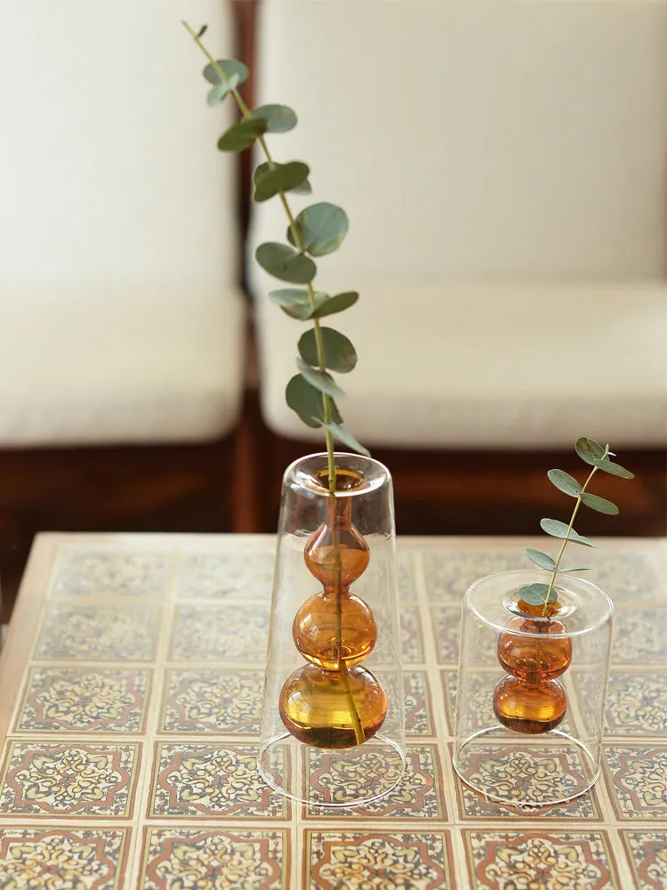 Retro stained glass gourd vase in green with artificial flower, Nordic style