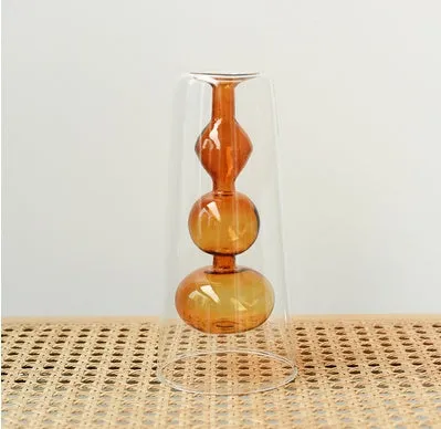 Retro stained glass gourd vase in green with artificial flower, Nordic style