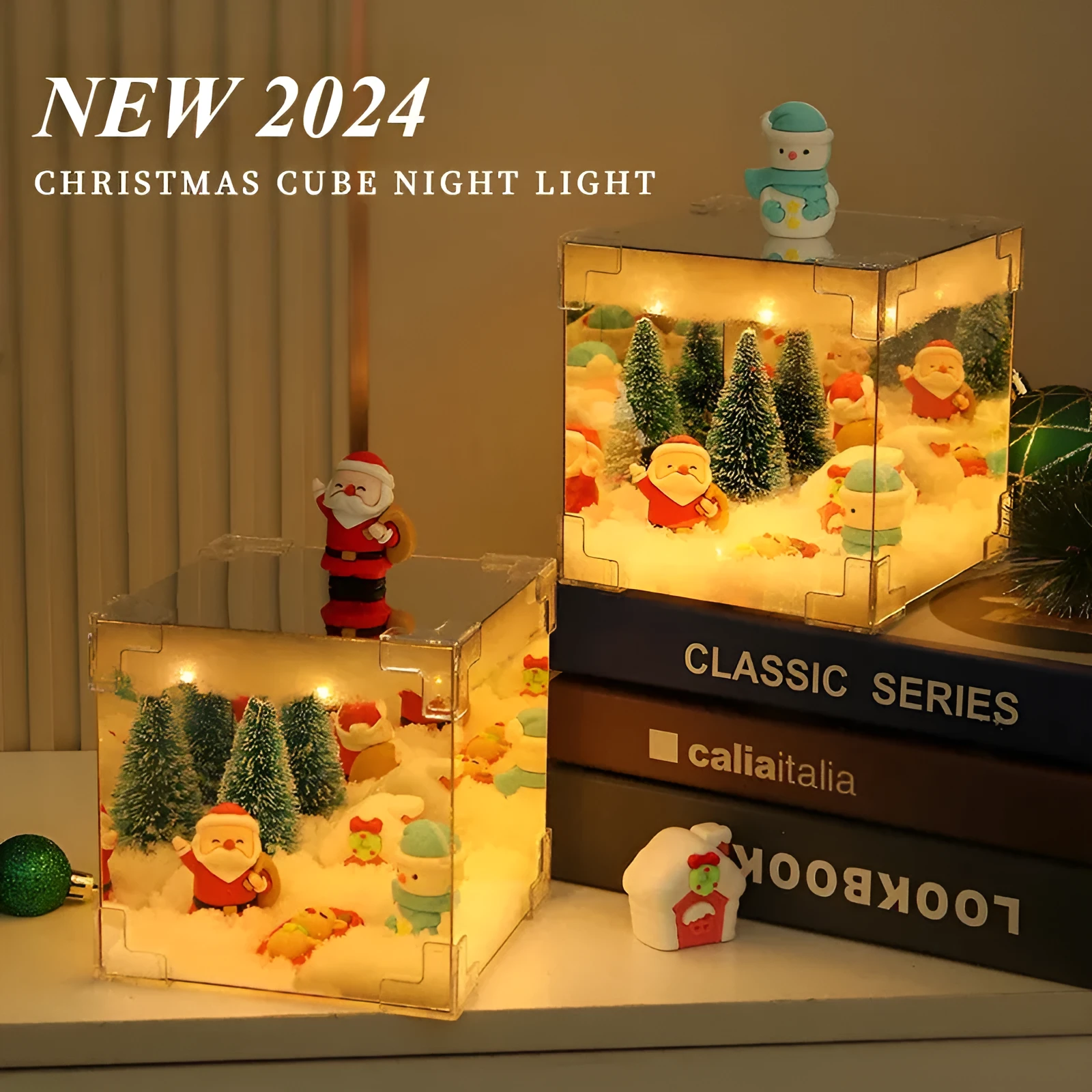 Christmas DIY mirror LED cube lamp kit with 3D Santa snowman tree designs, 12 cm size, USB powered