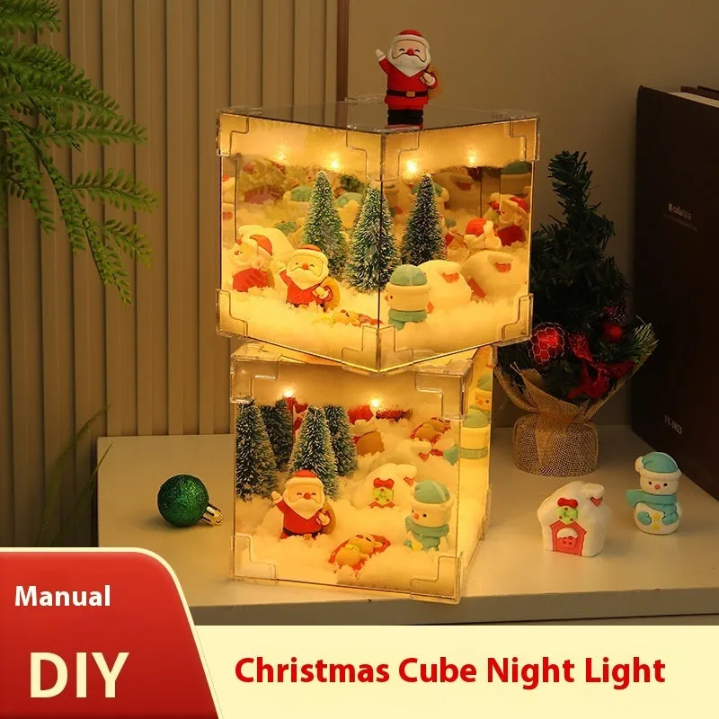 Christmas DIY mirror LED cube lamp kit with 3D Santa snowman tree designs, 12 cm size, USB powered
