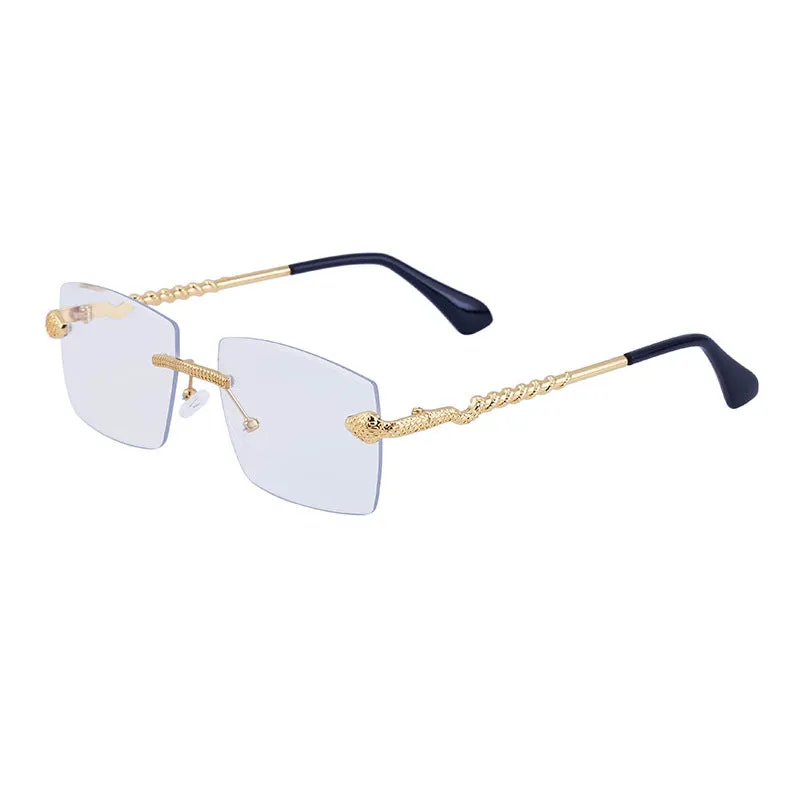 Fashion rimless sunglasses for men UV400 PC lens golden tea wood grain bag pollen tablet