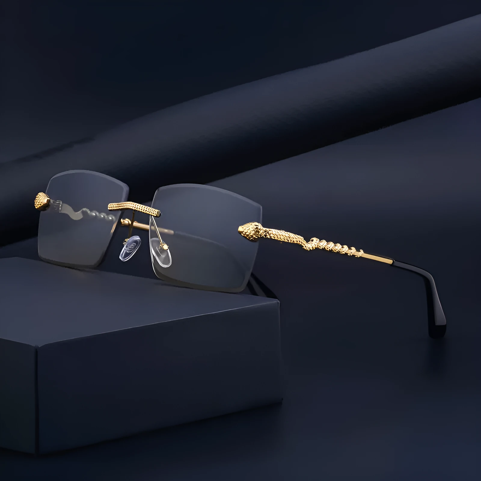 Fashion rimless sunglasses for men UV400 PC lens golden tea wood grain bag pollen tablet