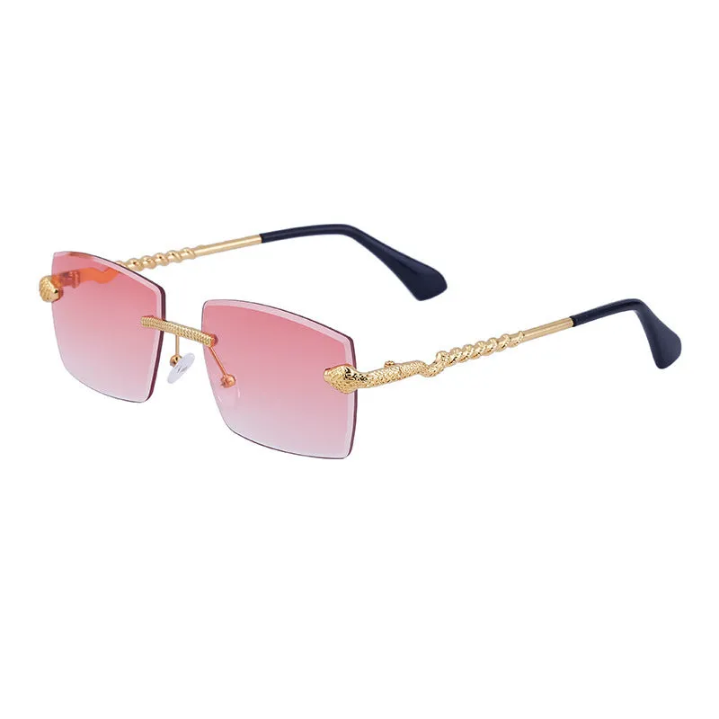 Fashion rimless sunglasses for men UV400 PC lens golden tea wood grain bag pollen tablet