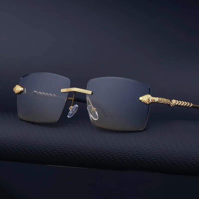 Fashion rimless sunglasses for men UV400 PC lens golden tea wood grain bag pollen tablet