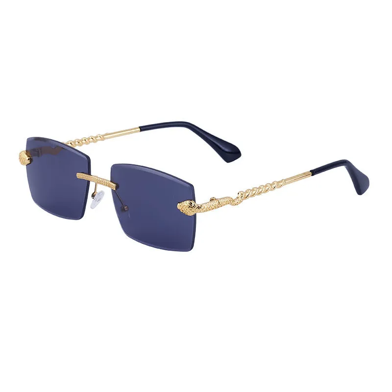 Fashion rimless sunglasses for men UV400 PC lens golden tea wood grain bag pollen tablet