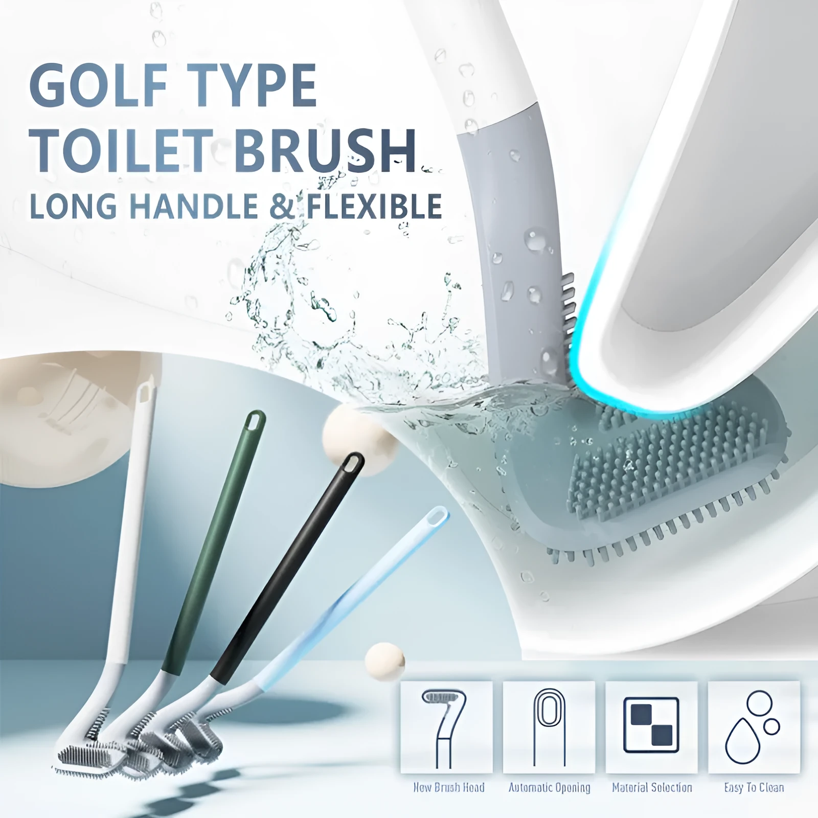 Golf-shaped toilet brush with TPR bristles and long handle, wall-mounted in a bathroom, available in multiple colours.