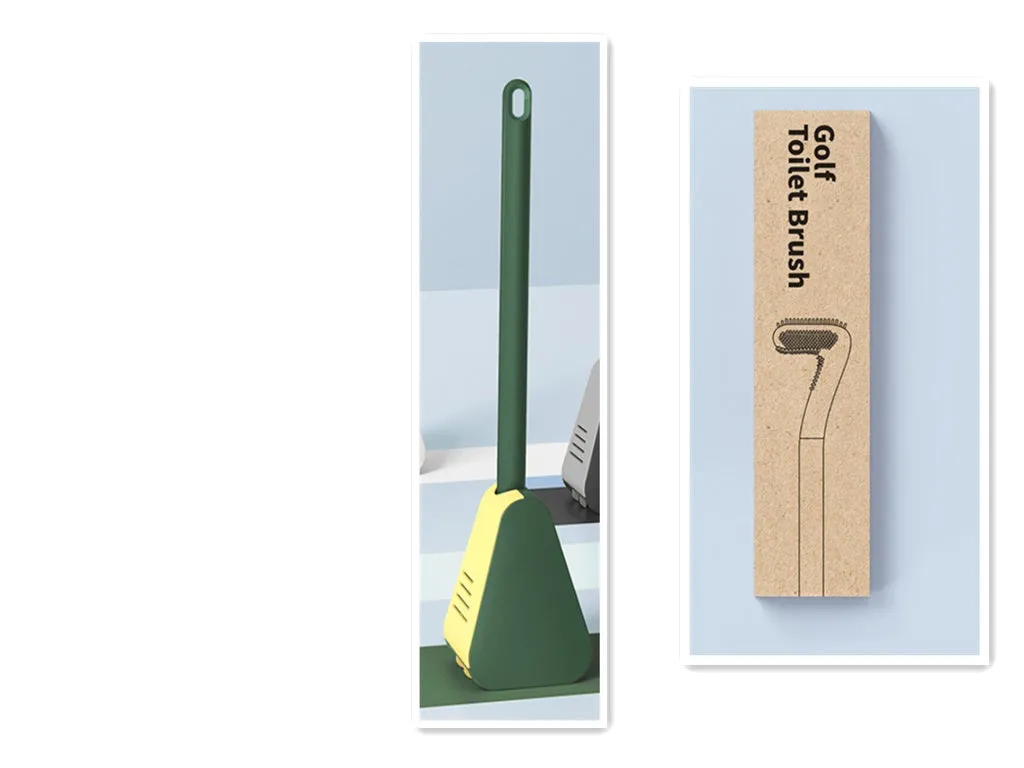 Golf-shaped toilet brush with TPR bristles and long handle, wall-mounted in a bathroom, available in multiple colours.
