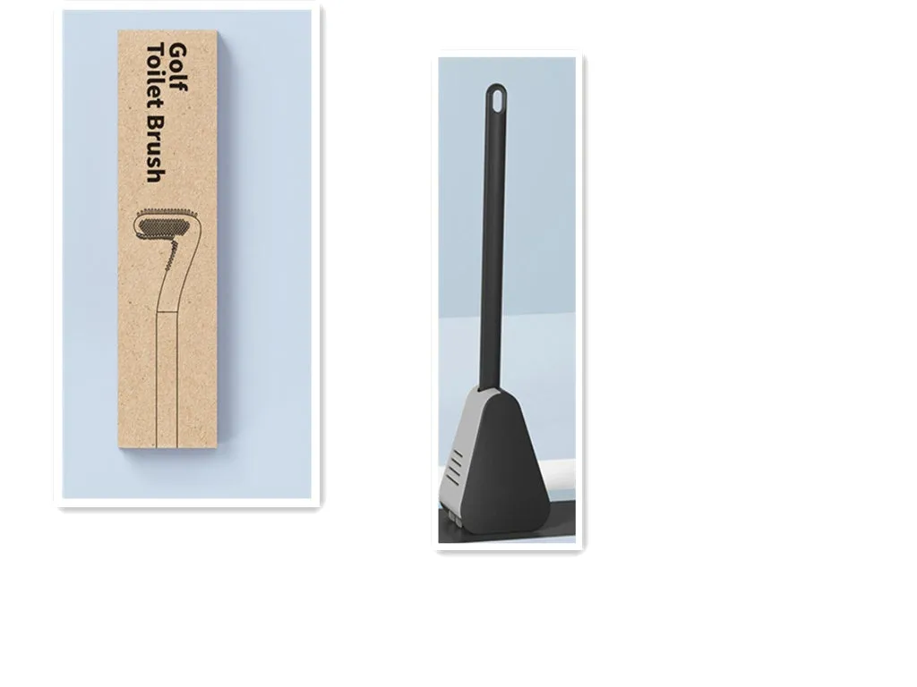Golf-shaped toilet brush with TPR bristles and long handle, wall-mounted in a bathroom, available in multiple colours.