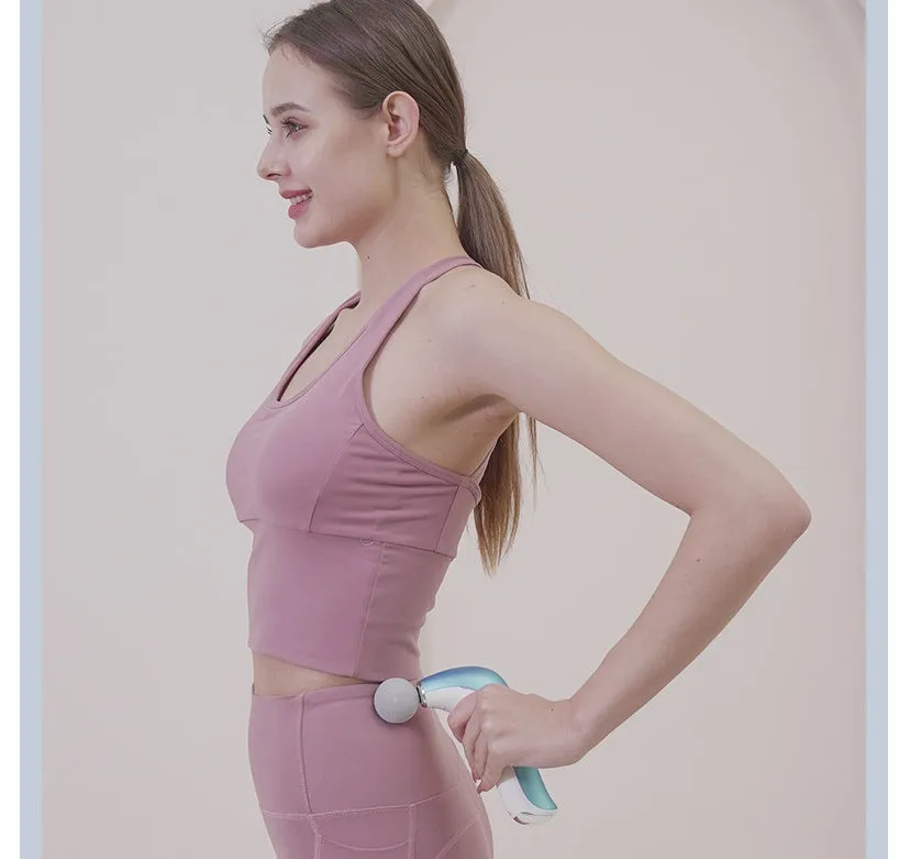 Mini electric massage gun with hot compress, LCD screen, and three massage heads in pink