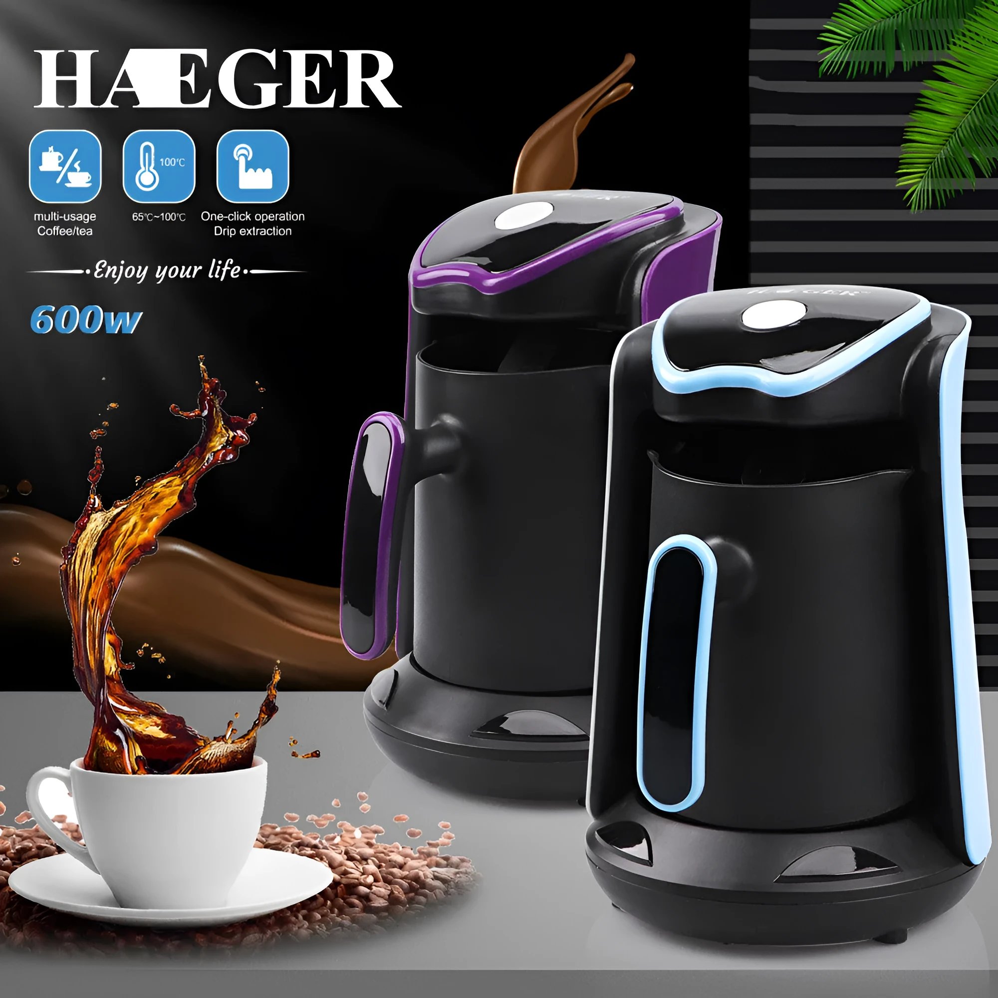 Plastic portable coffee and tea maker in blue with EU power cord