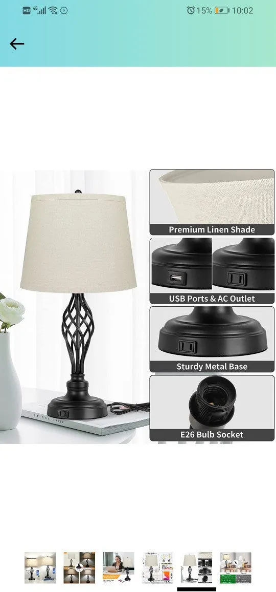 Touch control bedside table lamp with USB charging socket and alloy construction