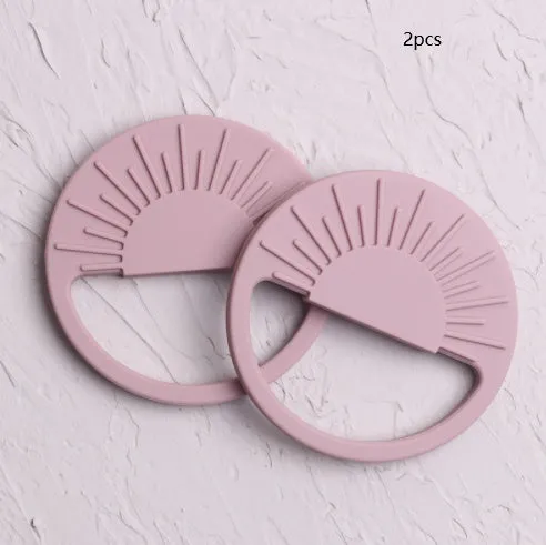 Silicone baby teether toy in multiple colours including pink and yellow, 88x88mm for infant teething relief