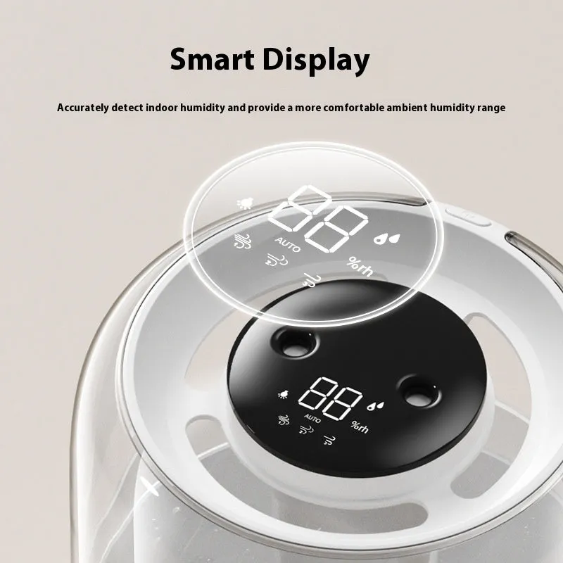 Beige round USB humidifier with display screen and dual mist outlets on a table
