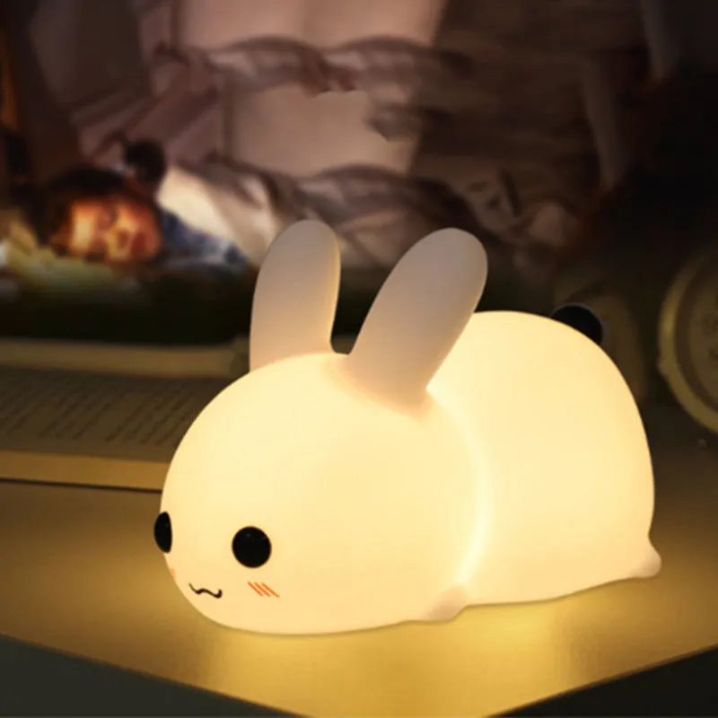 Colorful rabbit silicone LED night light in white with touch switch and double colour light modes