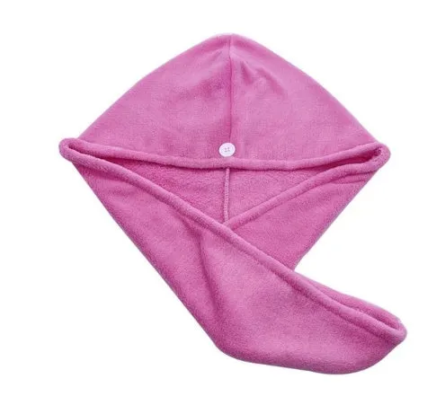 Magic microfiber hair drying towel in pink with button fastening, measuring 25x65cm