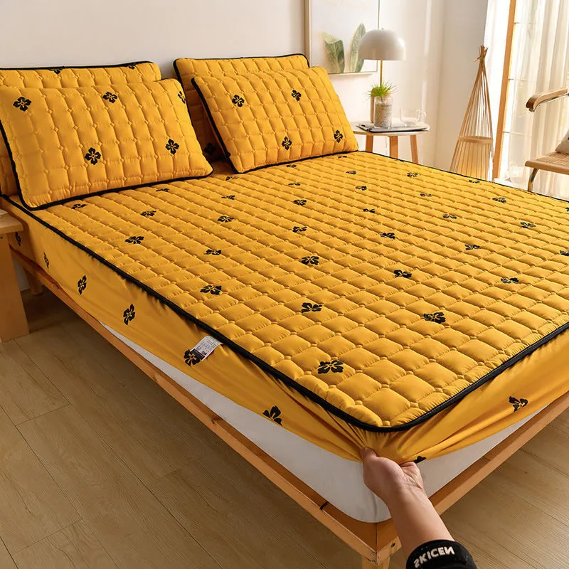 Brushed fabric mattress dust cover fitted sheet in Chrysanthemum colour on a single bed