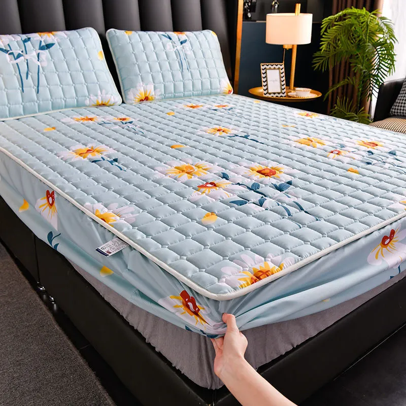 Brushed fabric mattress dust cover fitted sheet in Chrysanthemum colour on a single bed