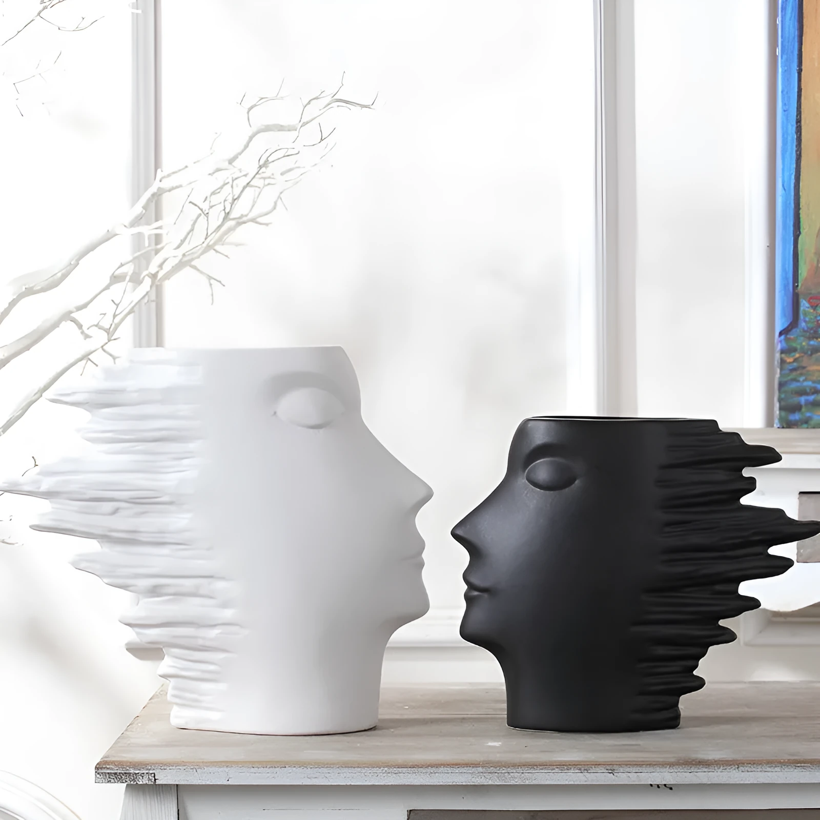 Nordic porcelain head ornament vase with matte finish in white, wall mounted as home decor