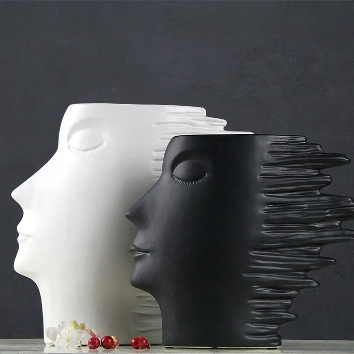 Nordic porcelain head ornament vase with matte finish in white, wall mounted as home decor