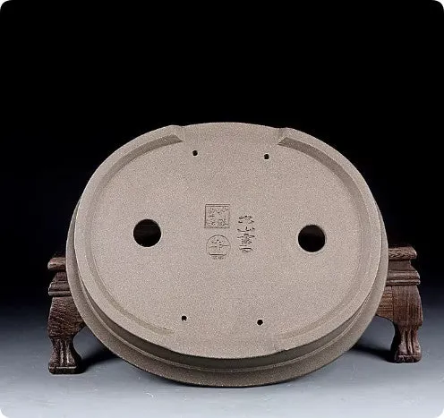 Handmade antique oval purple sand clay bonsai pot for succulents, 25x21x6.3 cm.