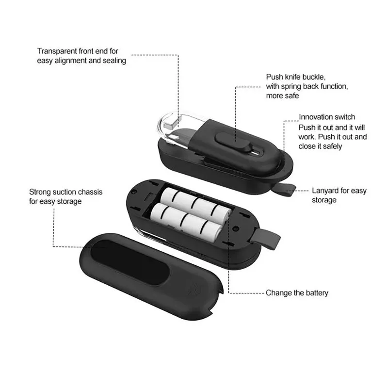 Multi-functional handheld portable food storage bag sealer with cutting head in black, white, and lake blue