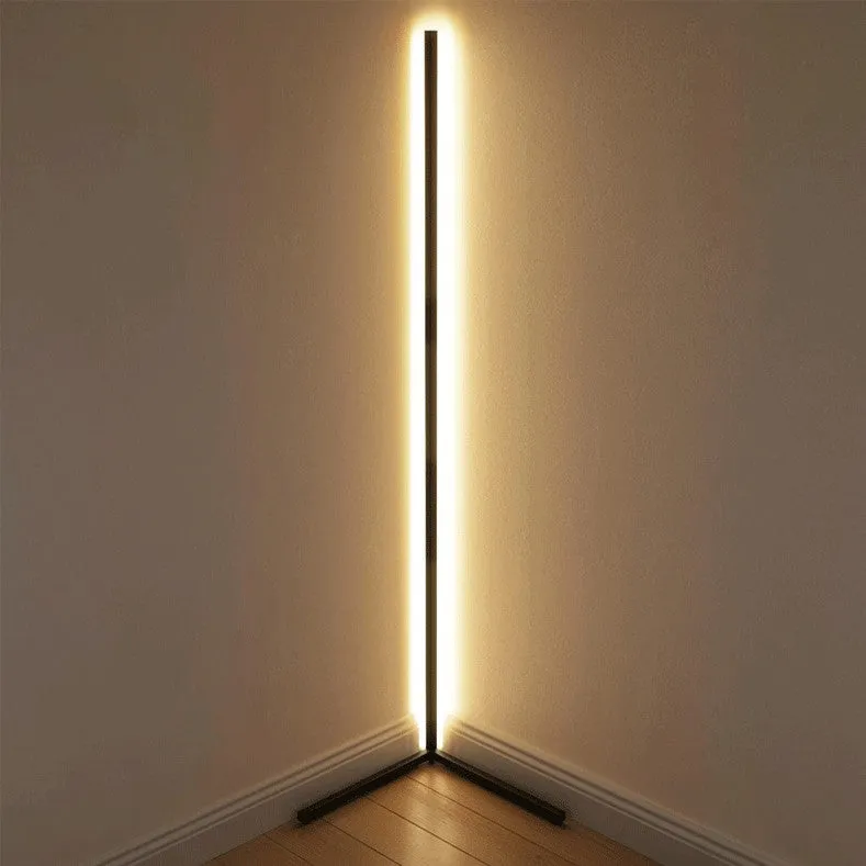 Nordic RGB corner floor lamp with aluminium shade, PVC body, remote control, 1.42m height, black finish against a light wall
