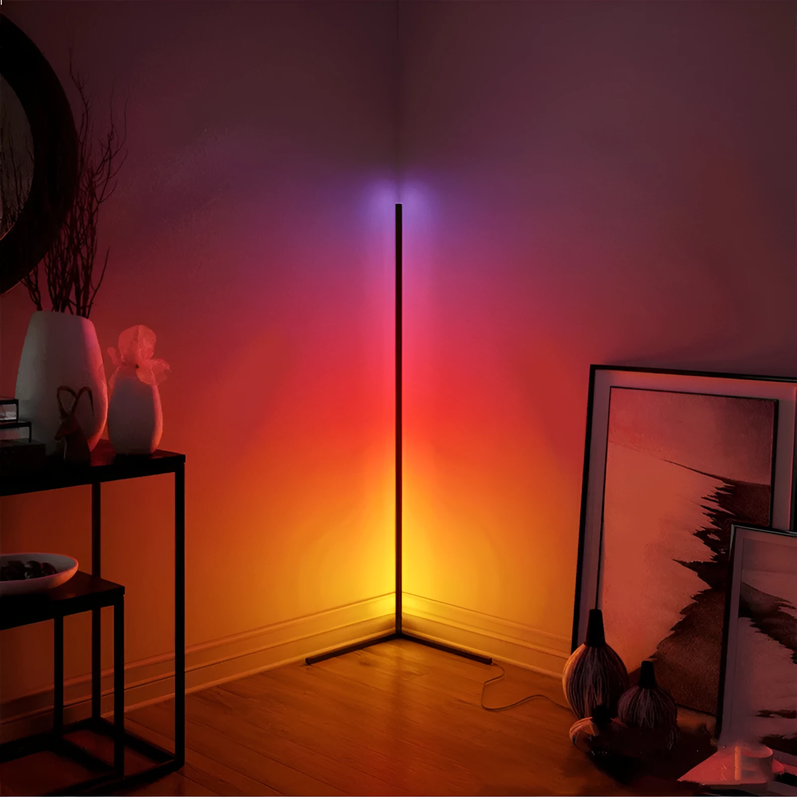 Nordic RGB corner floor lamp with aluminium shade, PVC body, remote control, 1.42m height, black finish against a light wall
