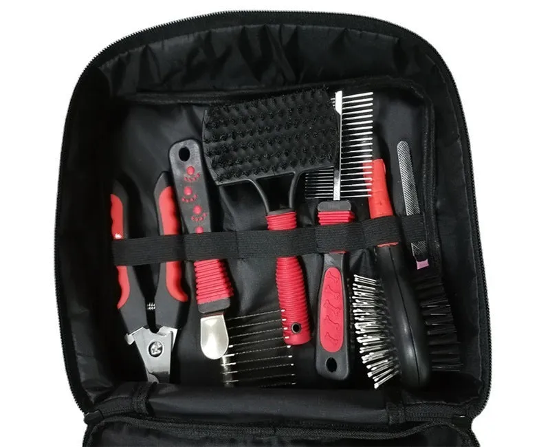 Red pet cleaning set with 9 tools in an Oxford cloth bag, compact 28 by 22 by 7 cm