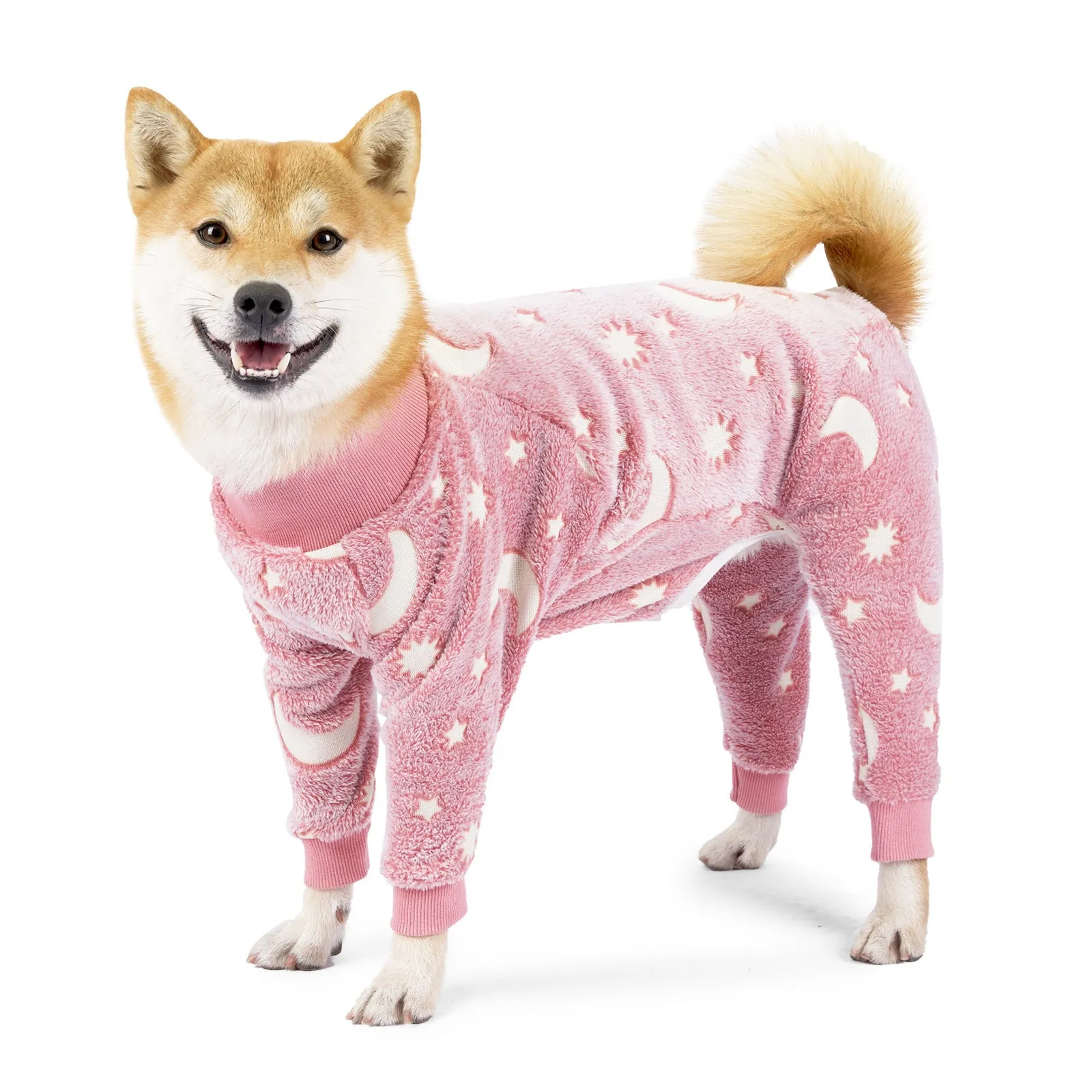 Flannel dog pajamas in bone grey colour, size M, laid flat on a wooden floor with soft lighting