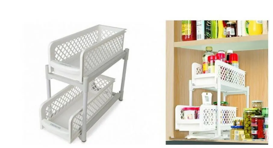 White plastic two-tier desktop storage rack on a bathroom counter holding toiletries, 41.5cm wide