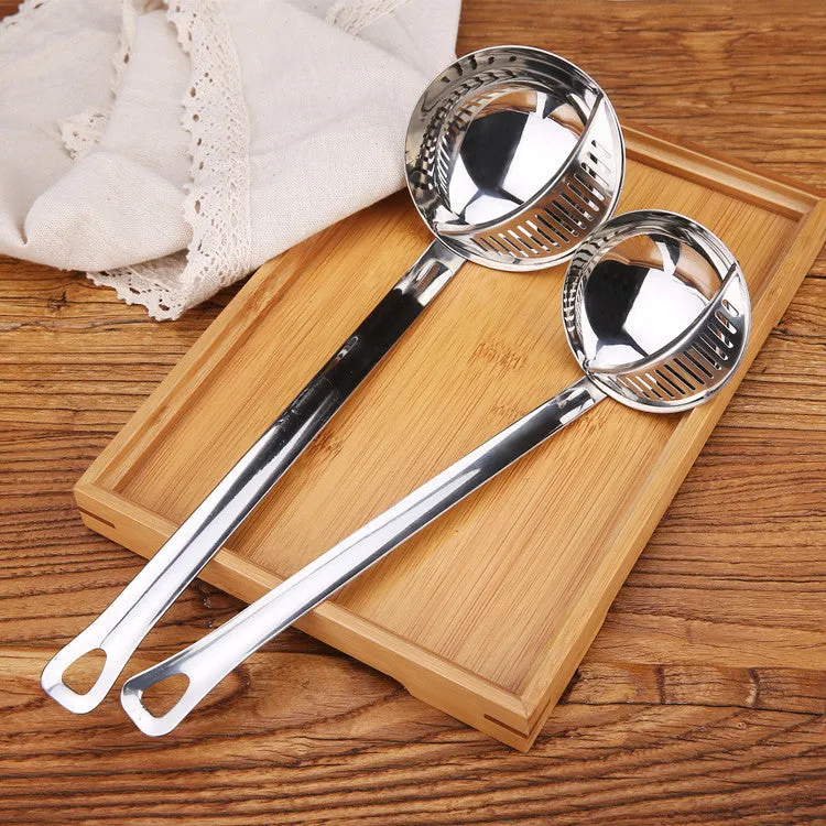 Stainless steel detachable kitchen colander spoon on a countertop