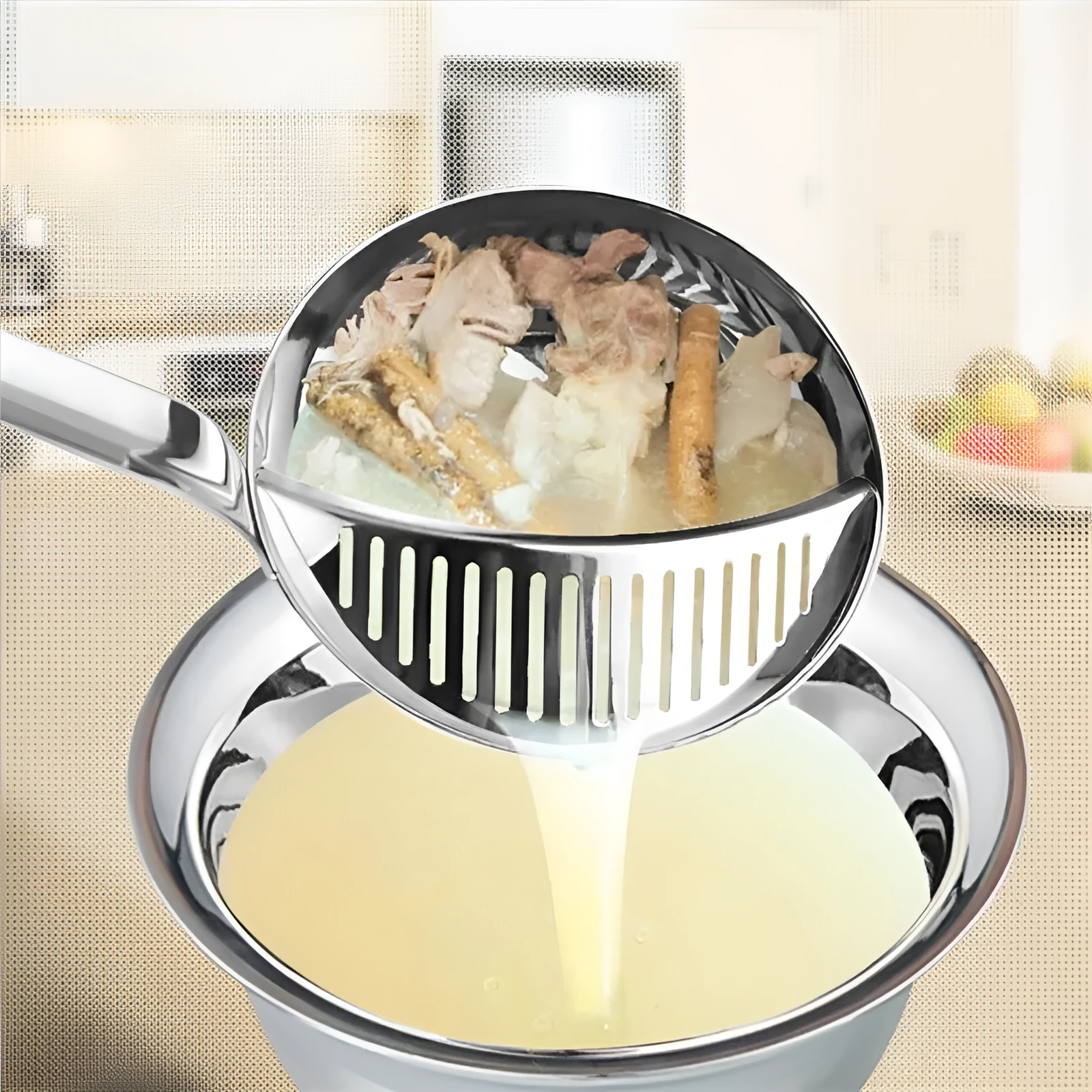 Stainless steel detachable kitchen colander spoon on a countertop