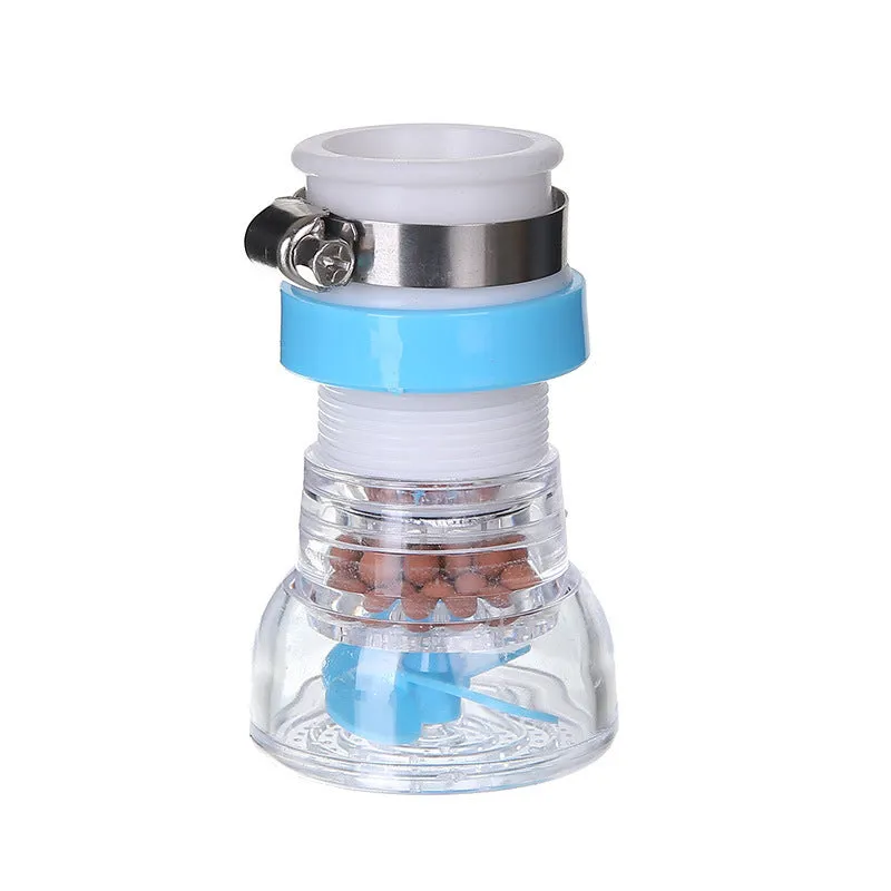 Universal rotating water filter for kitchen faucet with blue colour and 360 degree spray head