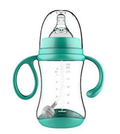 Baby feeding bottle made of BPA-free PP plastic with double handles, wide calibre, in pink or blue