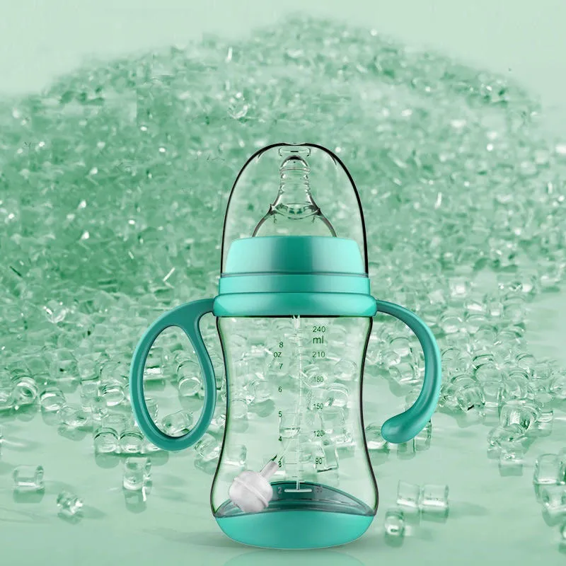Baby feeding bottle made of BPA-free PP plastic with double handles, wide calibre, in pink or blue