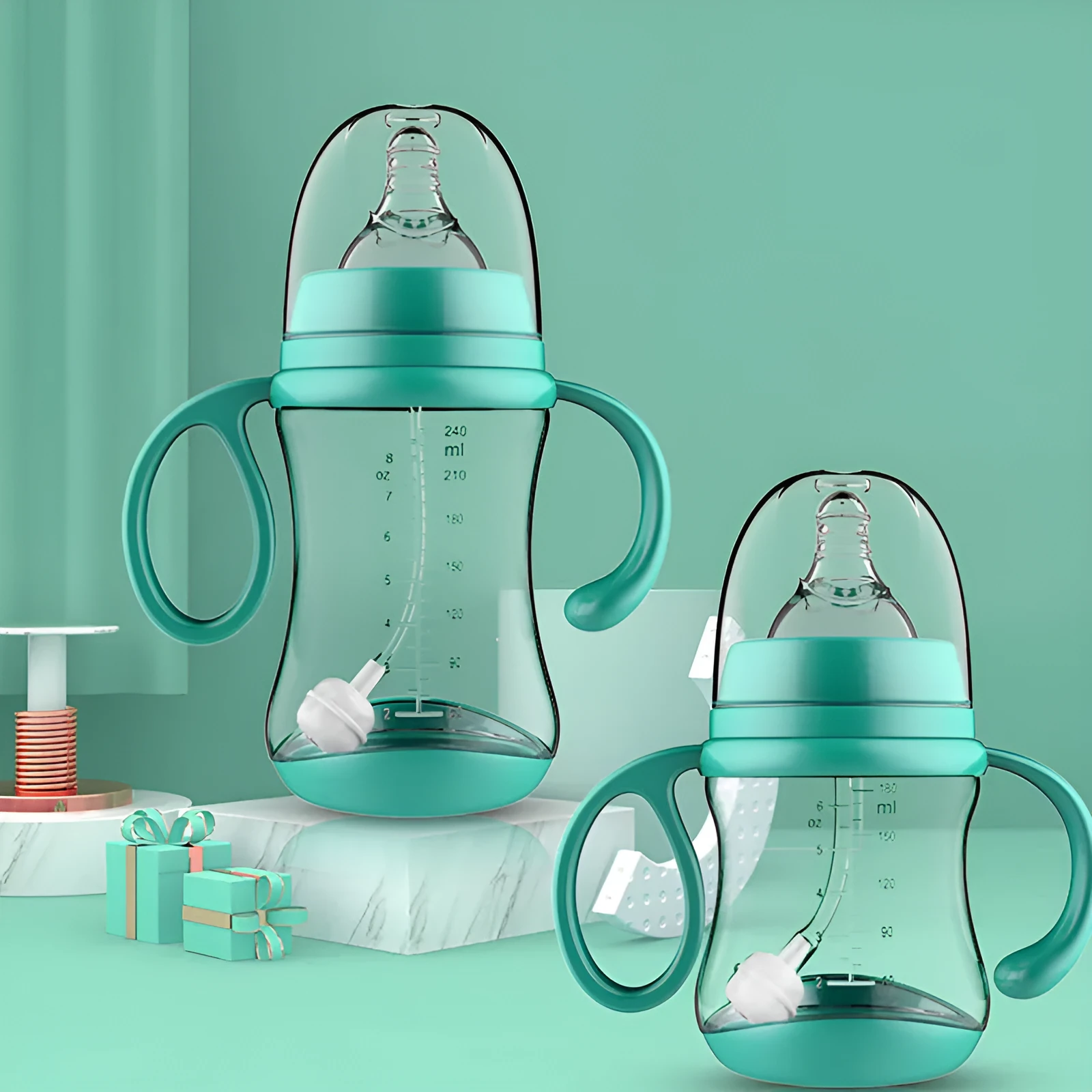 Baby feeding bottle made of BPA-free PP plastic with double handles, wide calibre, in pink or blue