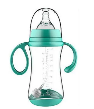 Baby feeding bottle made of BPA-free PP plastic with double handles, wide calibre, in pink or blue