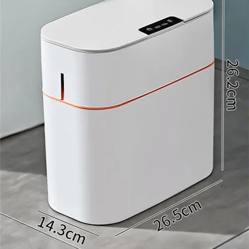 Automatic electric trash bin with inductive sensor, white plastic 15L long barrel shape, USB charging base